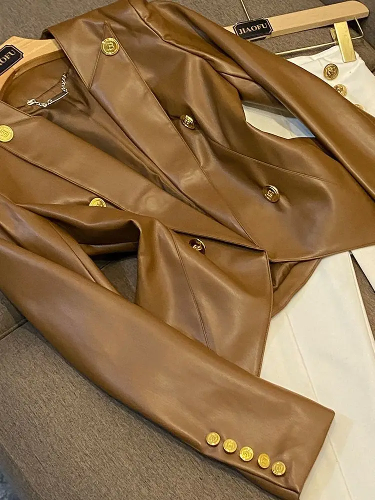 trendy Women's Clothing Faux Leather Coat Black Metal Double-breasted Slim No-wash Leather Suit Top Jacket Coat Women Jackets