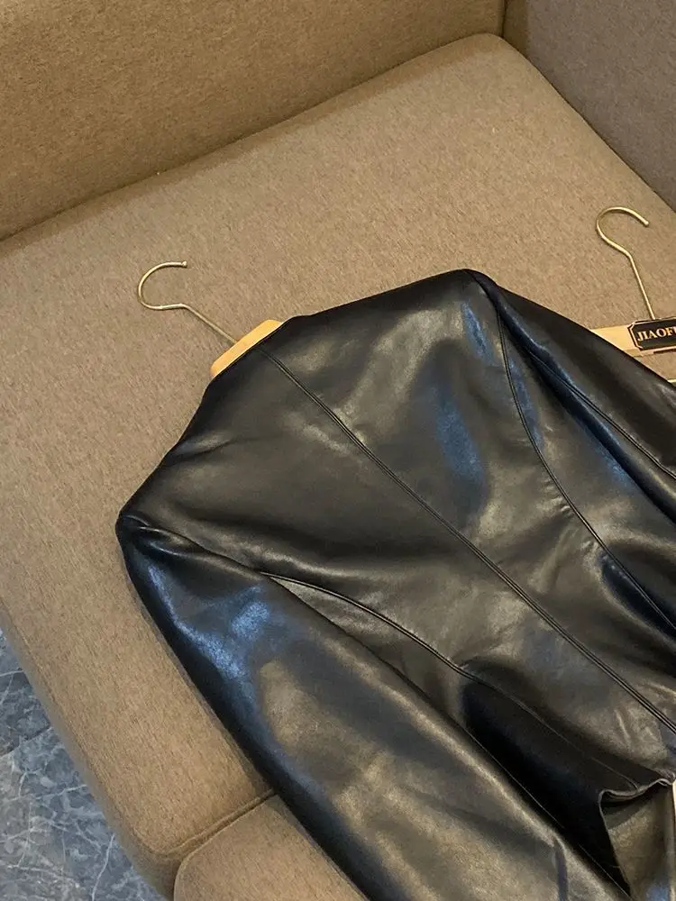 trendy Women's Clothing Faux Leather Coat Black Metal Double-breasted Slim No-wash Leather Suit Top Jacket Coat Women Jackets