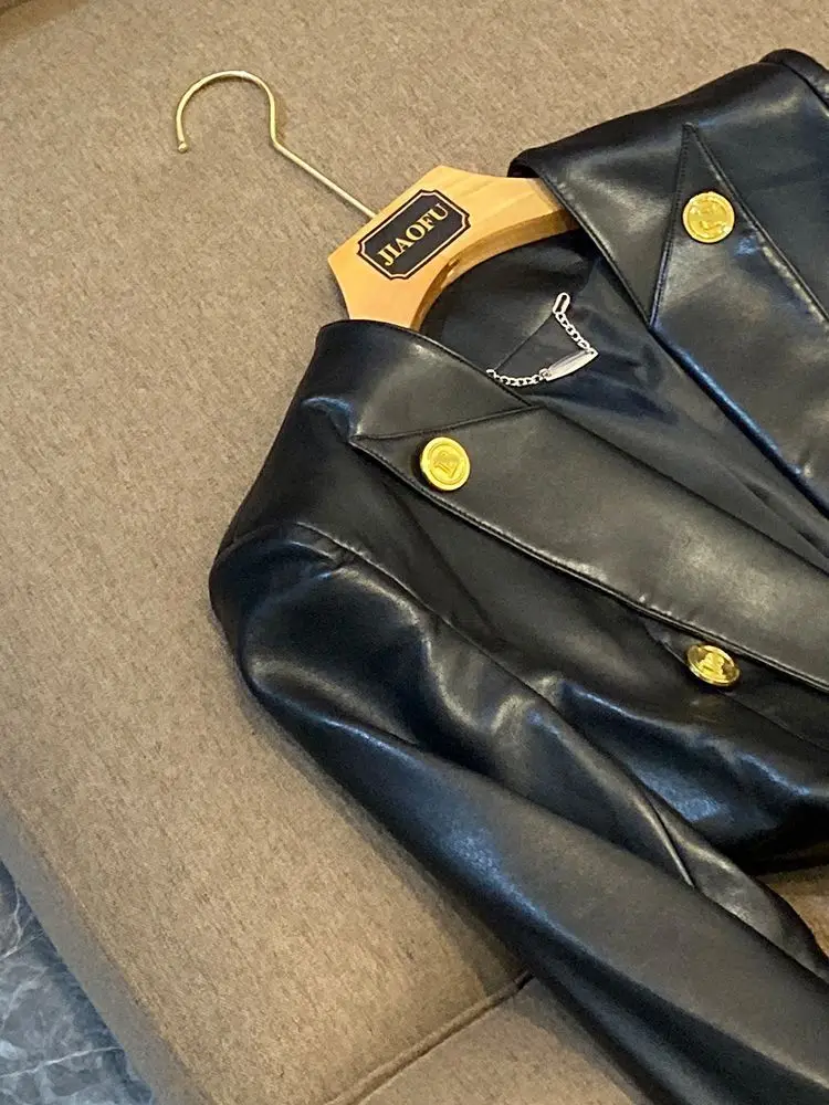 trendy Women's Clothing Faux Leather Coat Black Metal Double-breasted Slim No-wash Leather Suit Top Jacket Coat Women Jackets