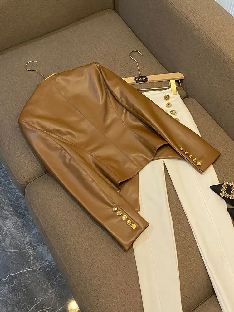 trendy Women's Clothing Faux Leather Coat Black Metal Double-breasted Slim No-wash Leather Suit Top Jacket Coat Women Jackets