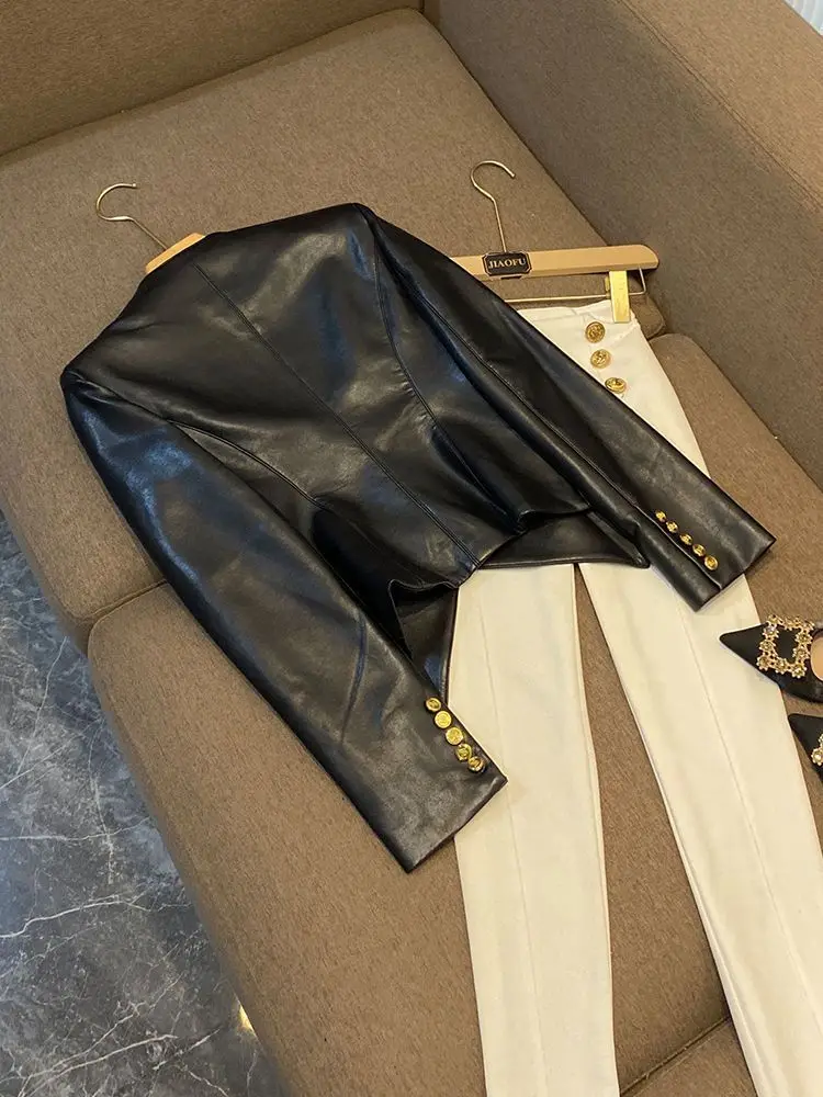 trendy Women's Clothing Faux Leather Coat Black Metal Double-breasted Slim No-wash Leather Suit Top Jacket Coat Women Jackets