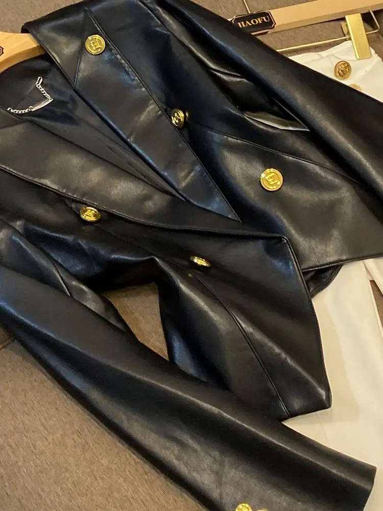 trendy Women's Clothing Faux Leather Coat Black Metal Double-breasted Slim No-wash Leather Suit Top Jacket Coat Women Jackets