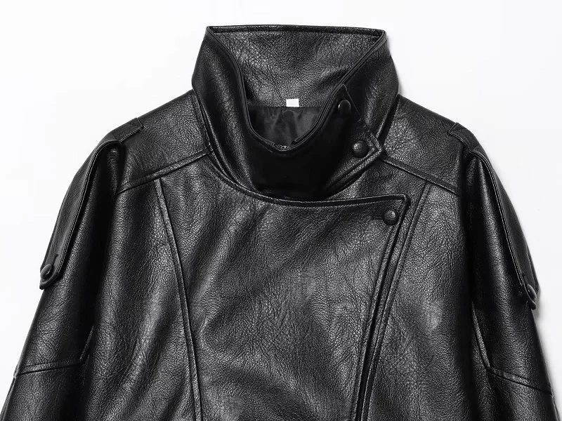 HXAO Women's Faux Leather Jacket Short Coat Black Bomber Jackets For Woman Loose Winter Outerwear High Neck Aviator Jackets