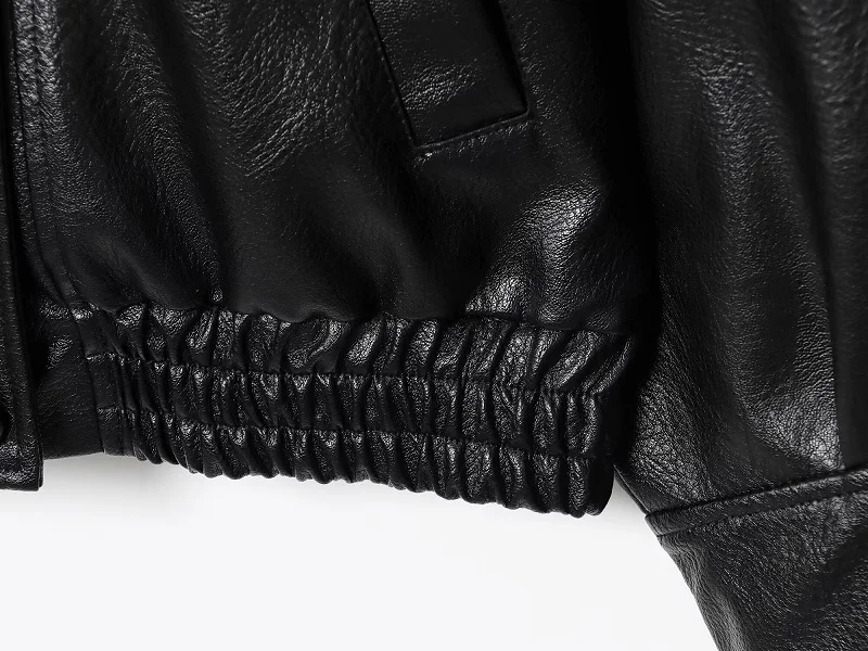HXAO Women's Faux Leather Jacket Short Coat Black Bomber Jackets For Woman Loose Winter Outerwear High Neck Aviator Jackets