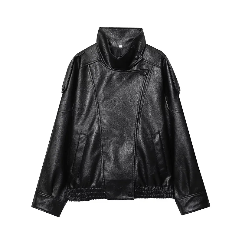 HXAO Women's Faux Leather Jacket Short Coat Black Bomber Jackets For Woman Loose Winter Outerwear High Neck Aviator Jackets