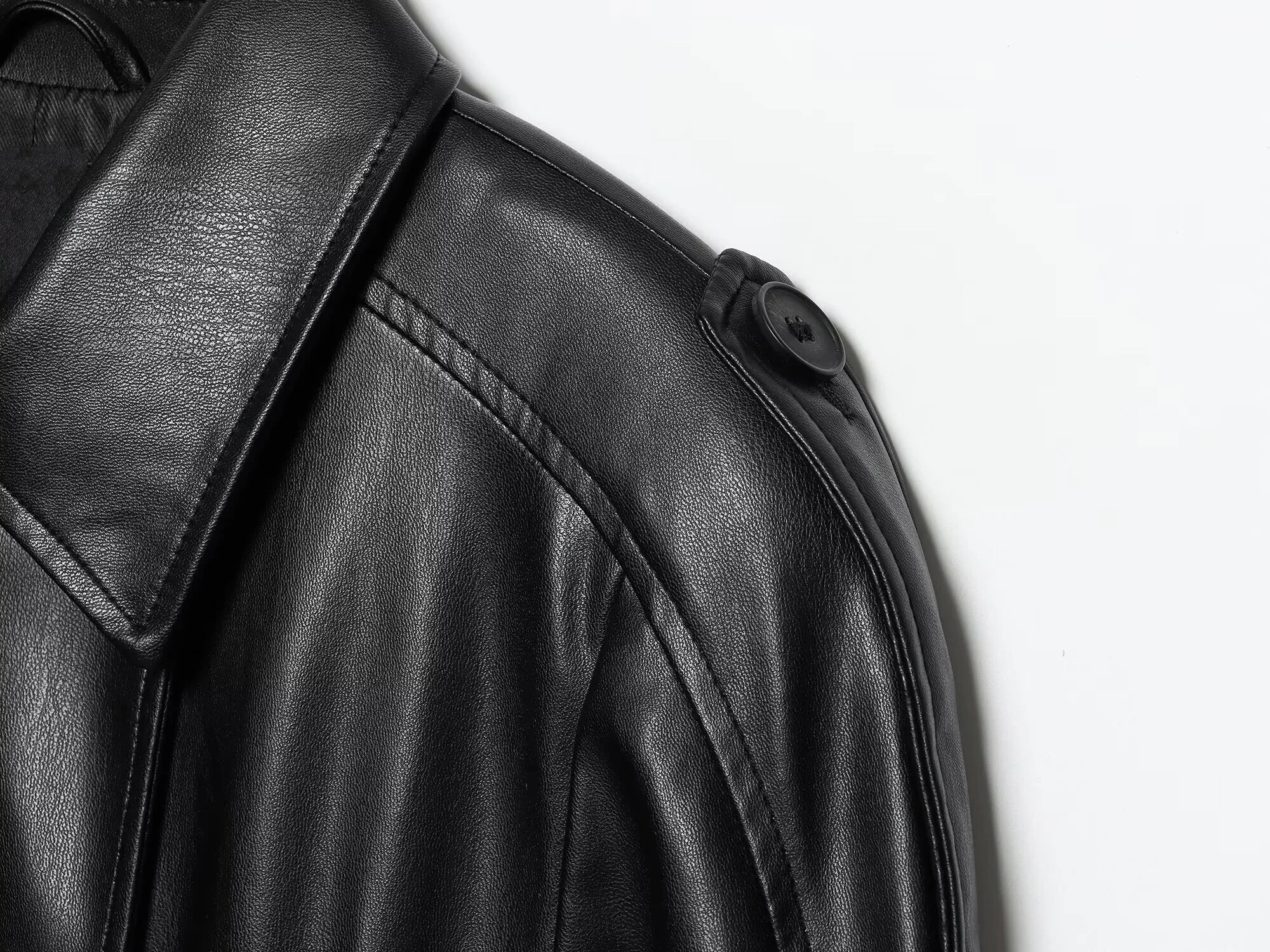 ETJ 2025 autumn new women's fashion belt imitation leather long sleeve short trench coat casual leather coat