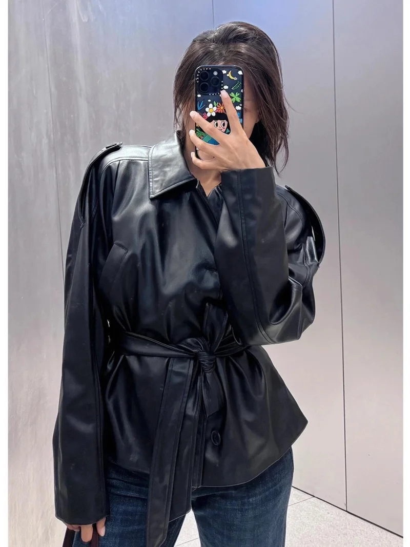 ETJ 2025 autumn new women's fashion belt imitation leather long sleeve short trench coat casual leather coat