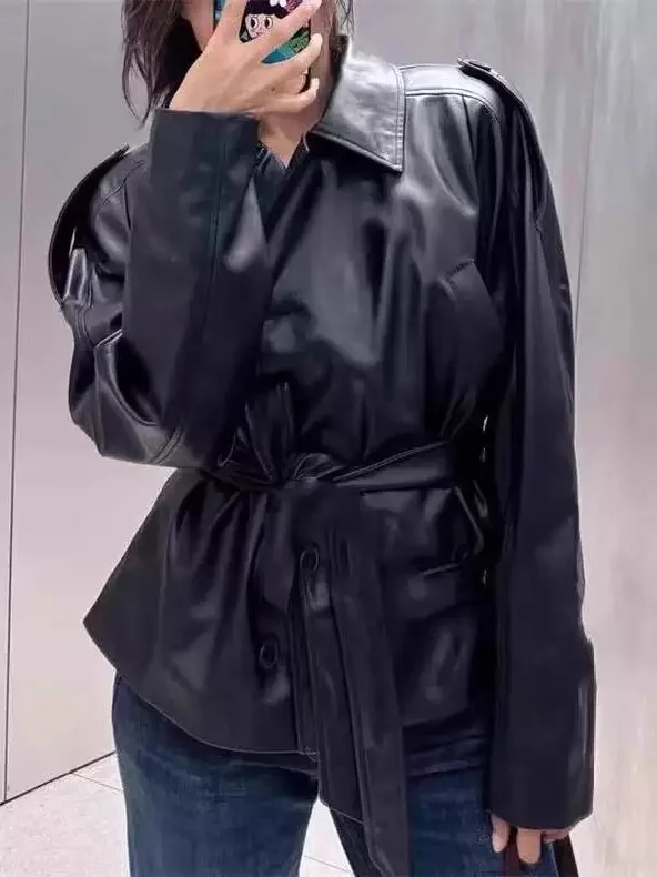 ETJ 2025 autumn new women's fashion belt imitation leather long sleeve short trench coat casual leather coat