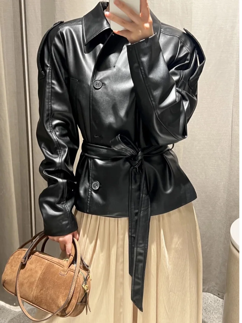 ETJ 2025 autumn new women's fashion belt imitation leather long sleeve short trench coat casual leather coat