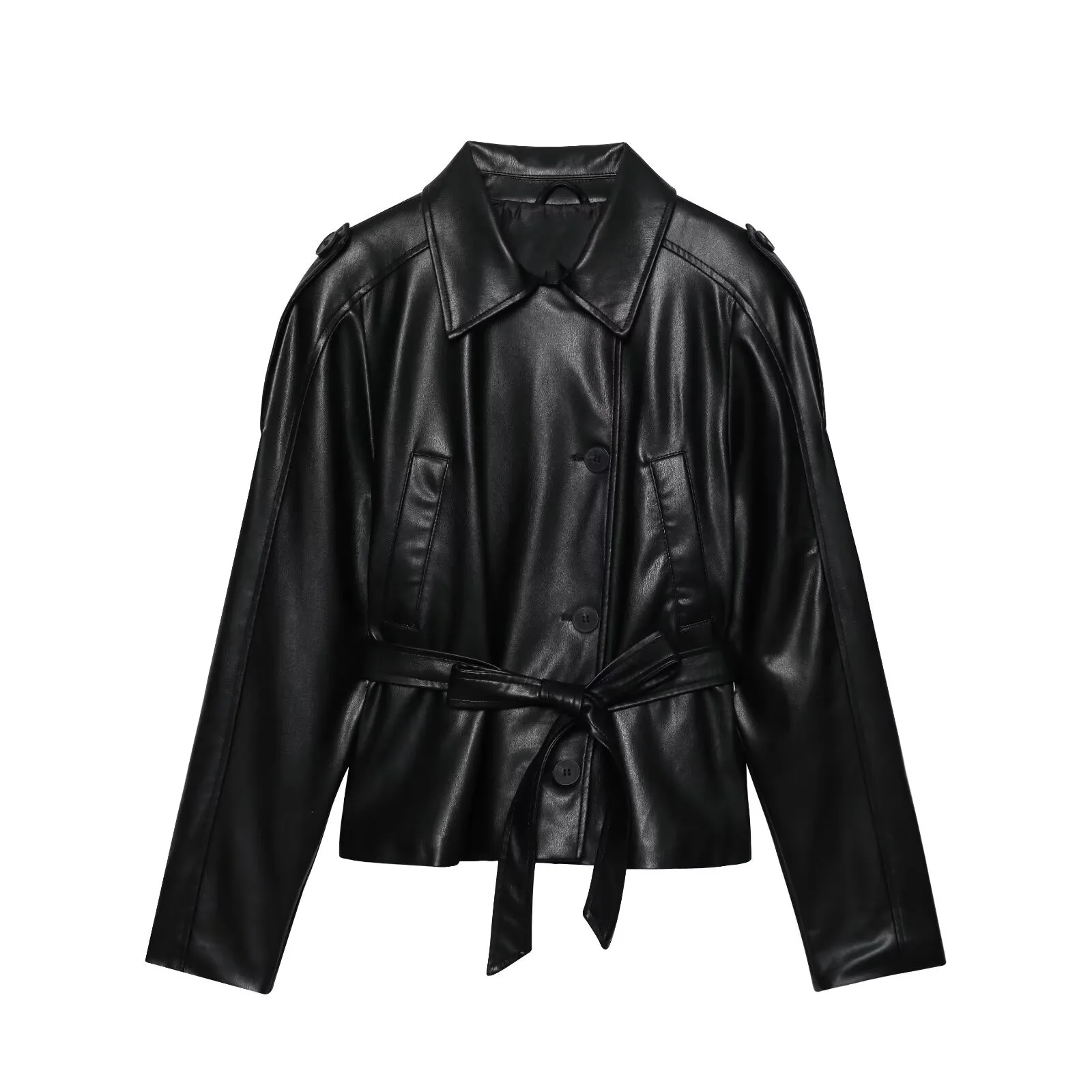 ETJ 2025 autumn new women's fashion belt imitation leather long sleeve short trench coat casual leather coat