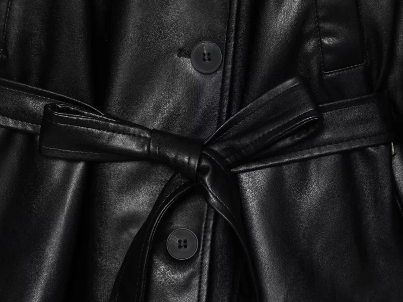 ETJ 2025 autumn new women's fashion belt imitation leather long sleeve short trench coat casual leather coat