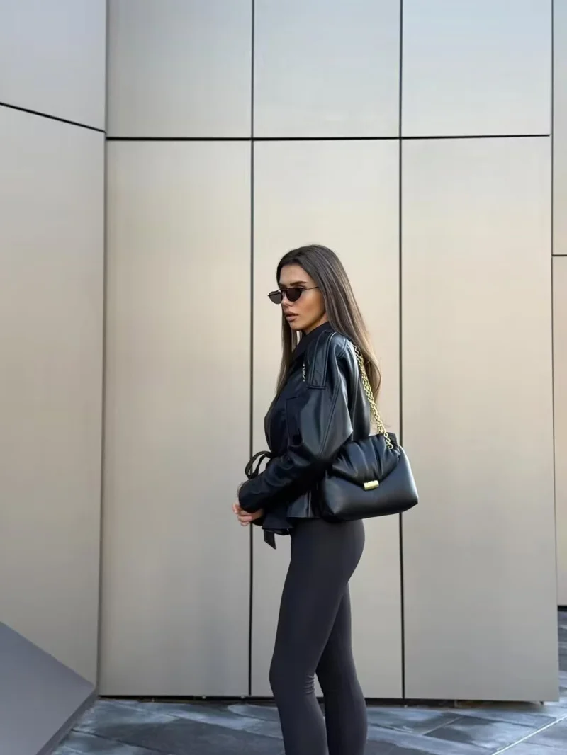 ETJ 2025 autumn new women's fashion belt imitation leather long sleeve short trench coat casual leather coat