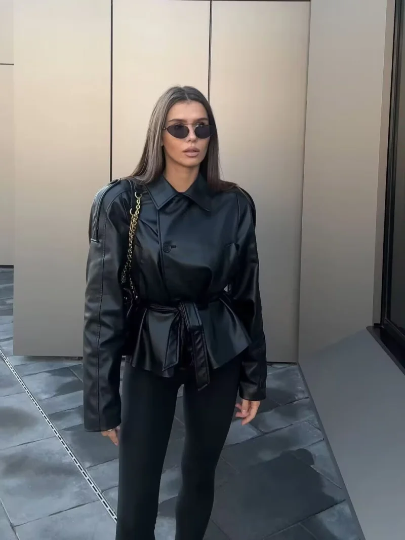 ETJ 2025 autumn new women's fashion belt imitation leather long sleeve short trench coat casual leather coat