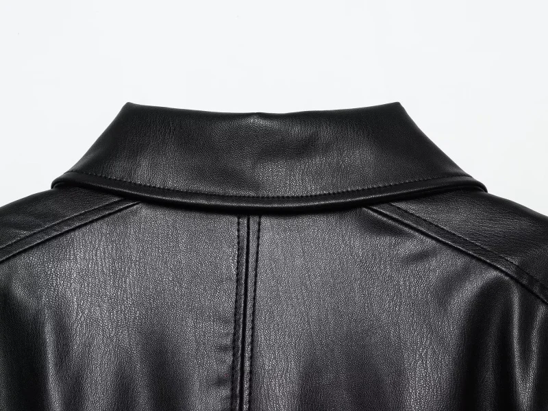 ETJ 2025 autumn new women's fashion belt imitation leather long sleeve short trench coat casual leather coat