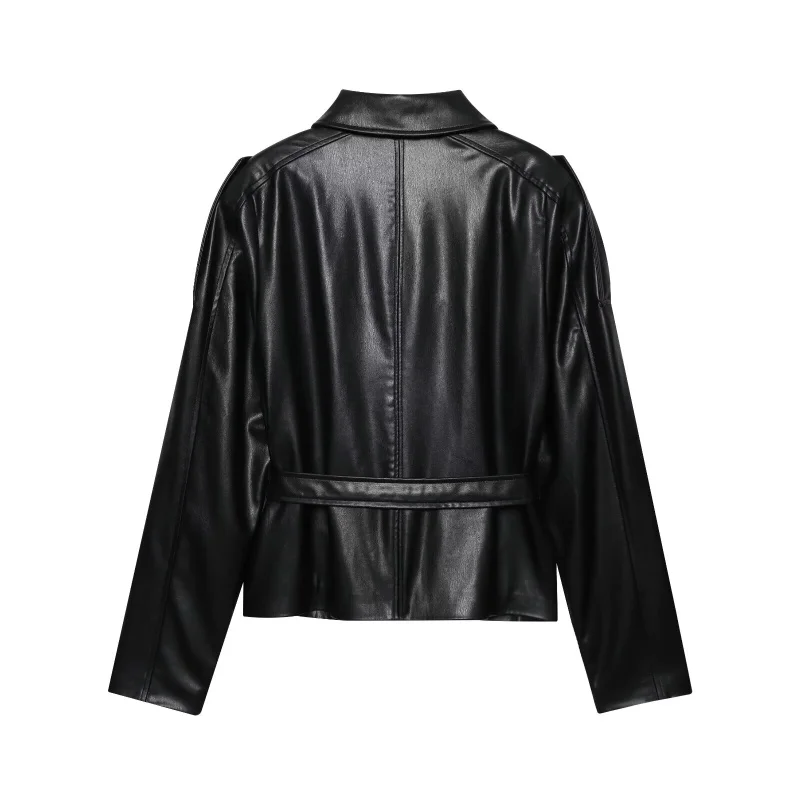 ETJ 2025 autumn new women's fashion belt imitation leather long sleeve short trench coat casual leather coat