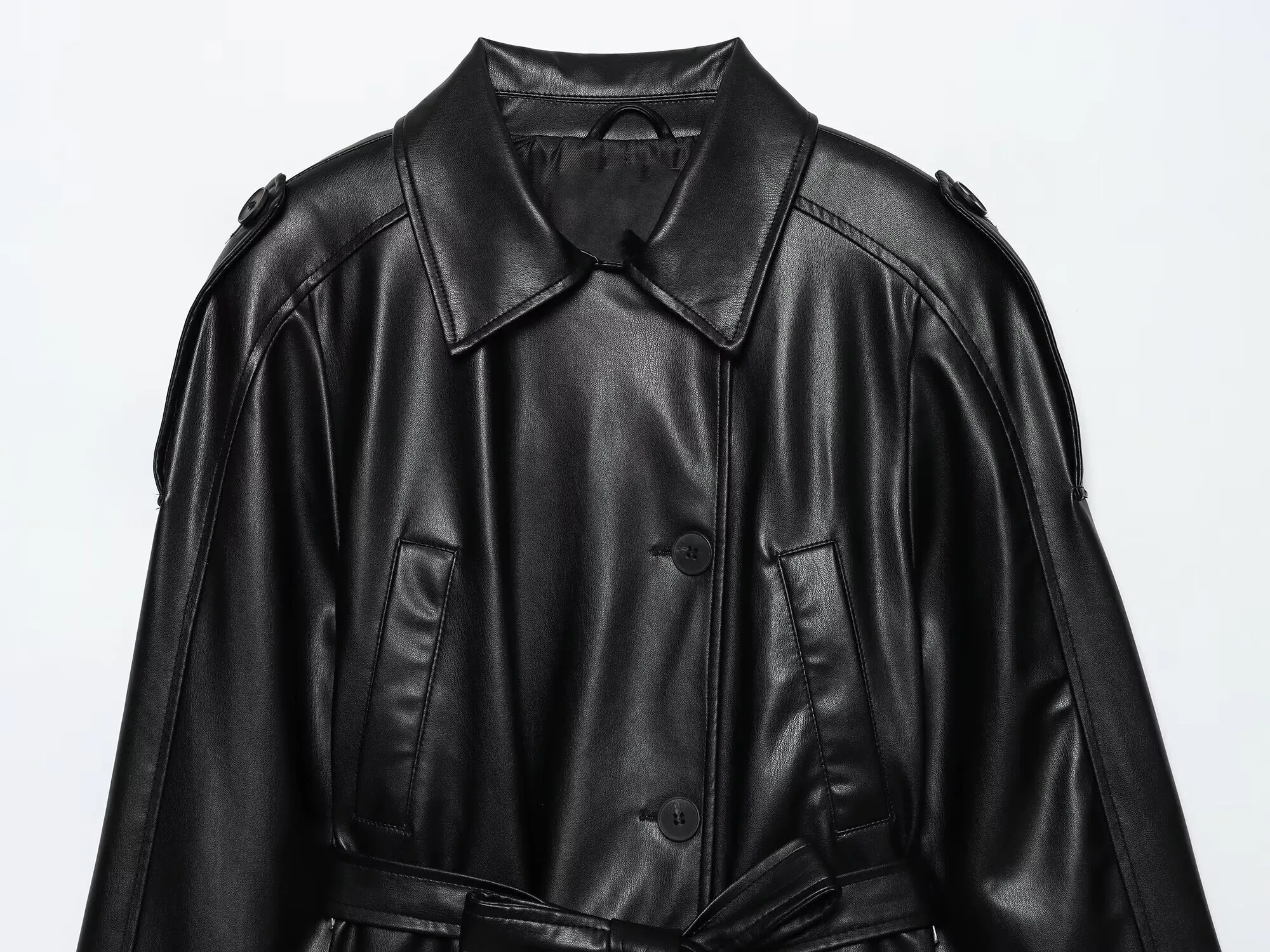 ETJ 2025 autumn new women's fashion belt imitation leather long sleeve short trench coat casual leather coat