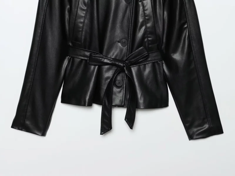 ETJ 2025 autumn new women's fashion belt imitation leather long sleeve short trench coat casual leather coat