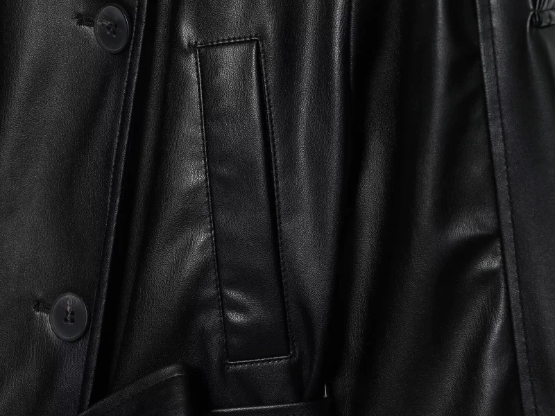ETJ 2025 autumn new women's fashion belt imitation leather long sleeve short trench coat casual leather coat