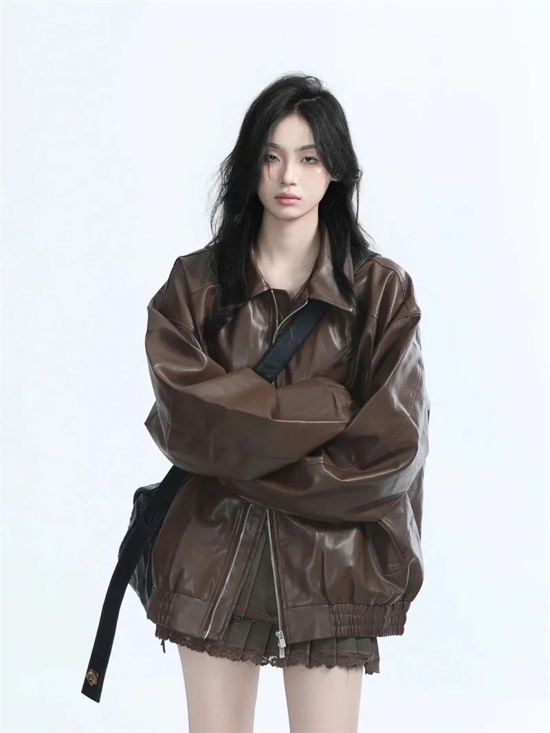 2026 New Brown Locomotive PU Leather Jacket For Women Autumn American Retro Loose Jacket Trend Brown Leather Jacke Women Trend
