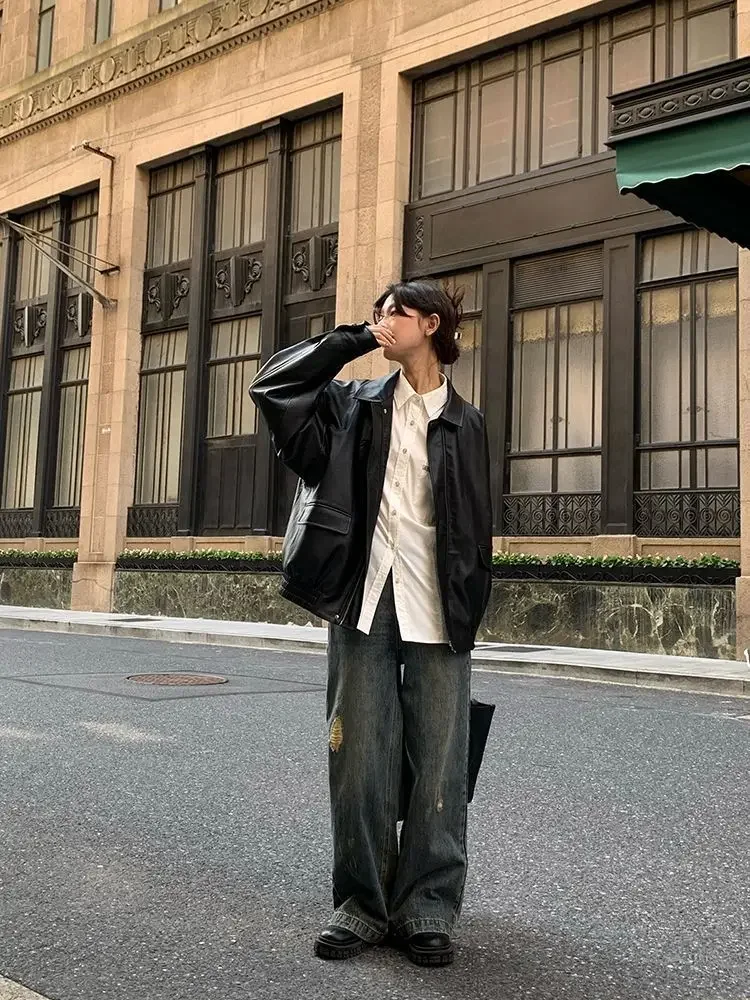 Vintage PU Leather Jacket Women High Street Techwear Oversized Moto Biker Coats BF Punk Loose Casual Cropped Outerwear