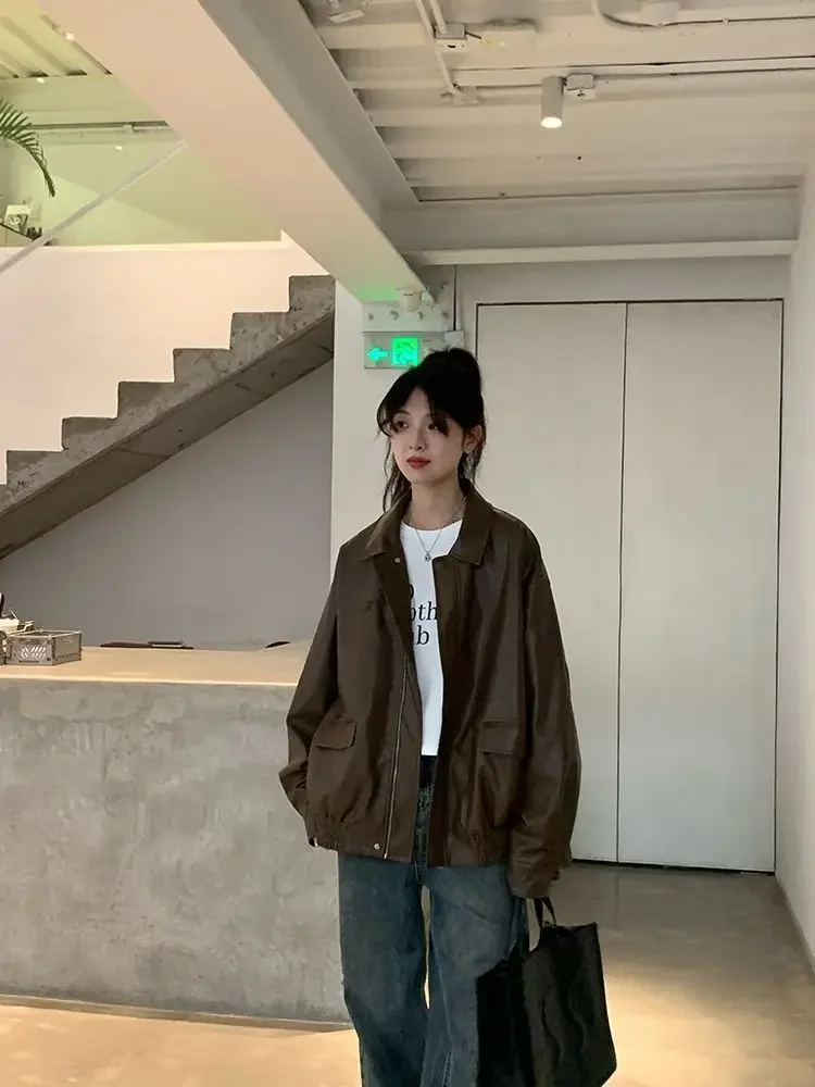 Vintage PU Leather Jacket Women High Street Techwear Oversized Moto Biker Coats BF Punk Loose Casual Cropped Outerwear