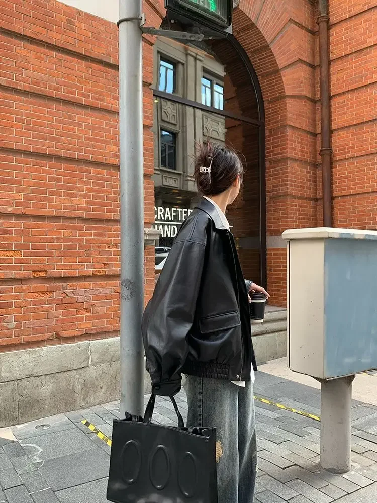 Vintage PU Leather Jacket Women High Street Techwear Oversized Moto Biker Coats BF Punk Loose Casual Cropped Outerwear