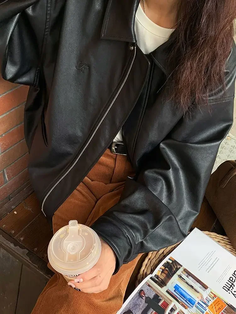 Vintage PU Leather Jacket Women High Street Techwear Oversized Moto Biker Coats BF Punk Loose Casual Cropped Outerwear