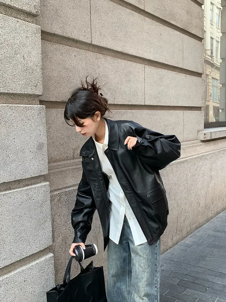 Vintage PU Leather Jacket Women High Street Techwear Oversized Moto Biker Coats BF Punk Loose Casual Cropped Outerwear