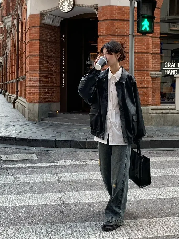 Vintage PU Leather Jacket Women High Street Techwear Oversized Moto Biker Coats BF Punk Loose Casual Cropped Outerwear