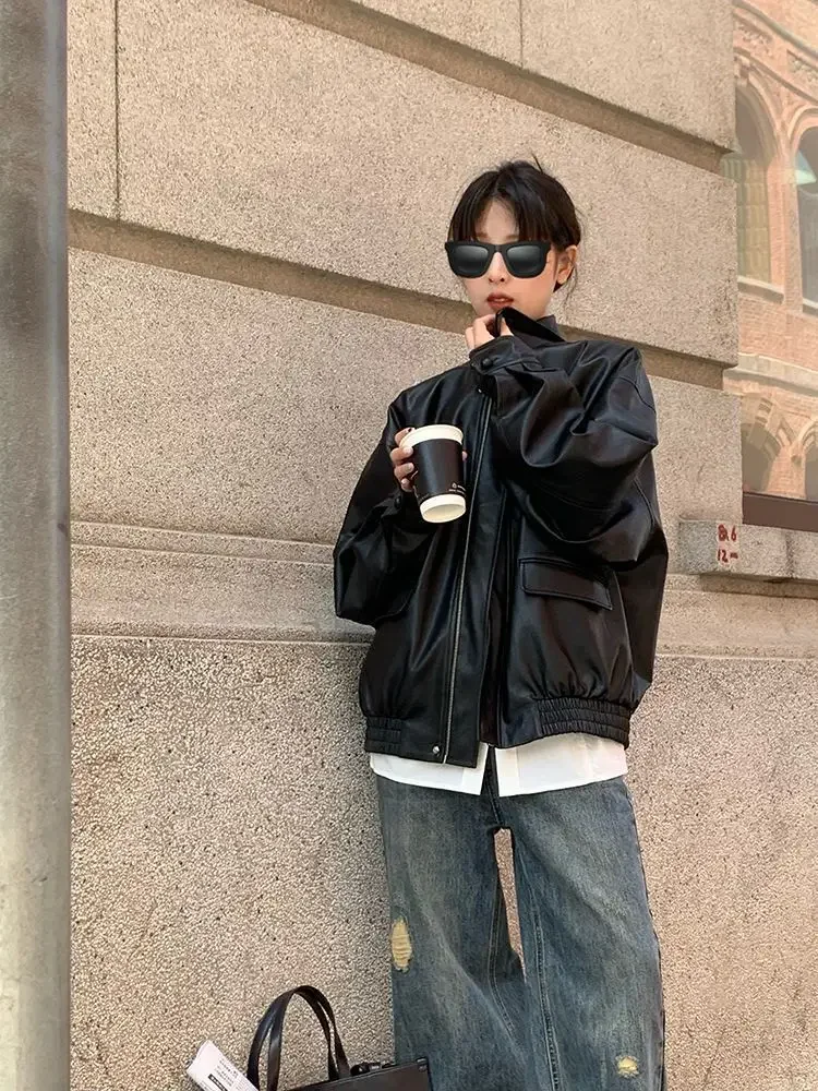 Vintage PU Leather Jacket Women High Street Techwear Oversized Moto Biker Coats BF Punk Loose Casual Cropped Outerwear