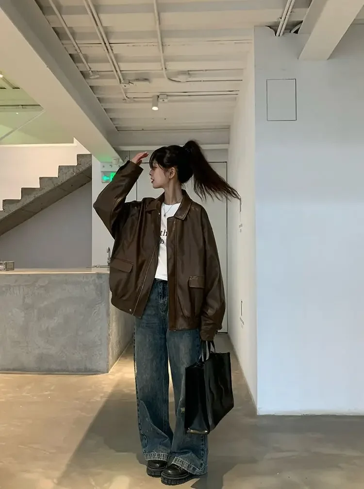 Vintage PU Leather Jacket Women High Street Techwear Oversized Moto Biker Coats BF Punk Loose Casual Cropped Outerwear