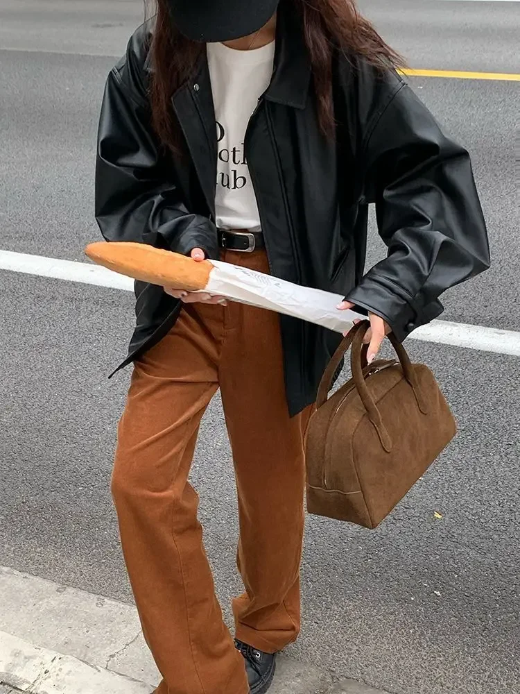 Vintage PU Leather Jacket Women High Street Techwear Oversized Moto Biker Coats BF Punk Loose Casual Cropped Outerwear