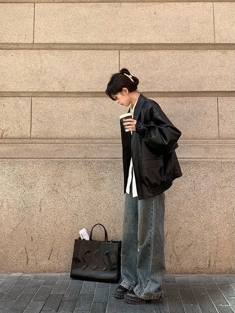 Vintage PU Leather Jacket Women High Street Techwear Oversized Moto Biker Coats BF Punk Loose Casual Cropped Outerwear