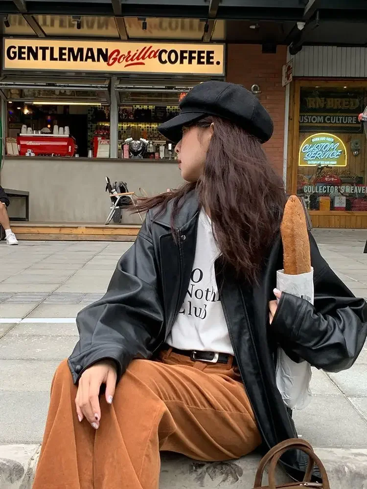 Vintage PU Leather Jacket Women High Street Techwear Oversized Moto Biker Coats BF Punk Loose Casual Cropped Outerwear
