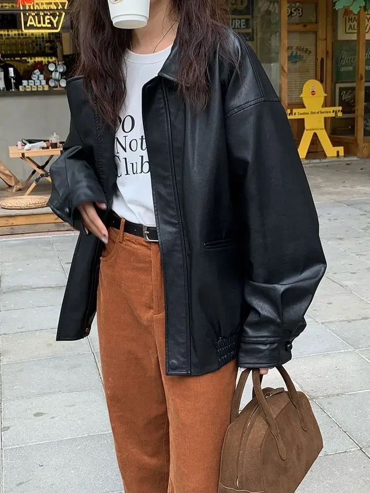 Vintage PU Leather Jacket Women High Street Techwear Oversized Moto Biker Coats BF Punk Loose Casual Cropped Outerwear