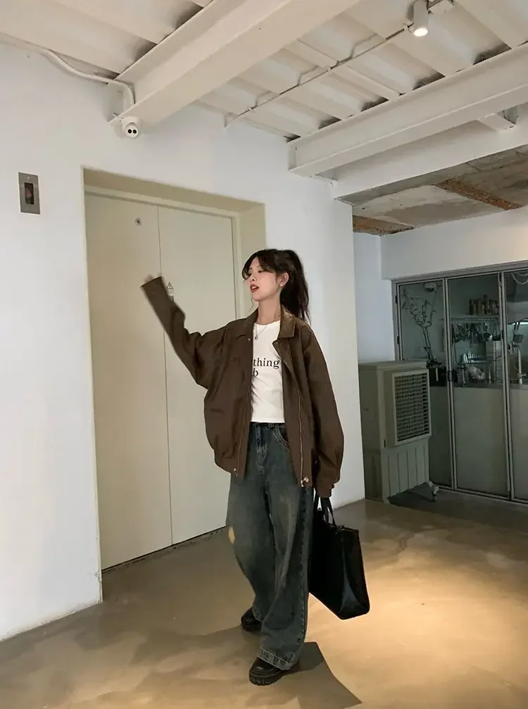 Vintage PU Leather Jacket Women High Street Techwear Oversized Moto Biker Coats BF Punk Loose Casual Cropped Outerwear