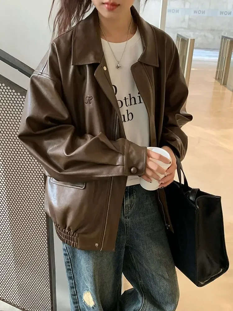 Vintage PU Leather Jacket Women High Street Techwear Oversized Moto Biker Coats BF Punk Loose Casual Cropped Outerwear