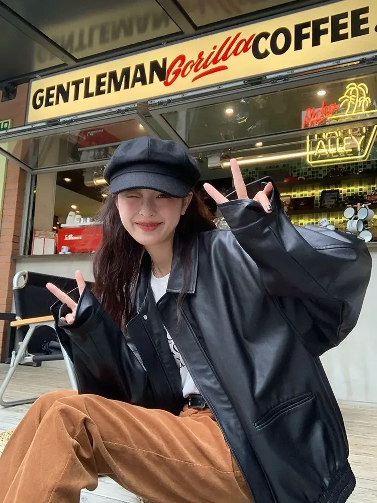 Vintage PU Leather Jacket Women High Street Techwear Oversized Moto Biker Coats BF Punk Loose Casual Cropped Outerwear