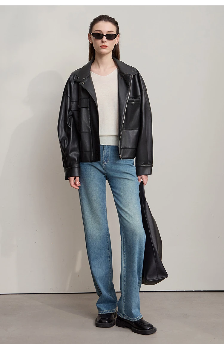 Amii Coat for Woman 2025 Autumn New Retro Modern Lapel Leather Jacket Women's Loose Long Sleeve Women's Leather Jacket 12543111