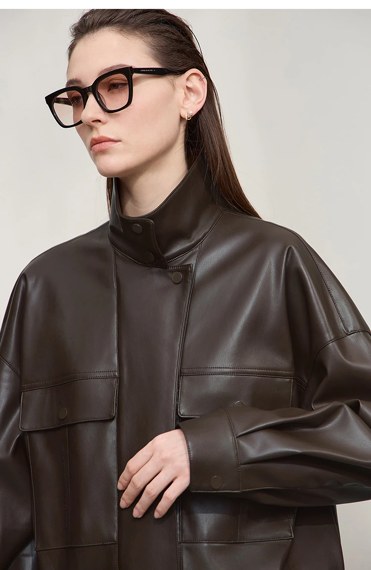 Amii Coat for Woman 2025 Autumn New Retro Modern Lapel Leather Jacket Women's Loose Long Sleeve Women's Leather Jacket 12543111