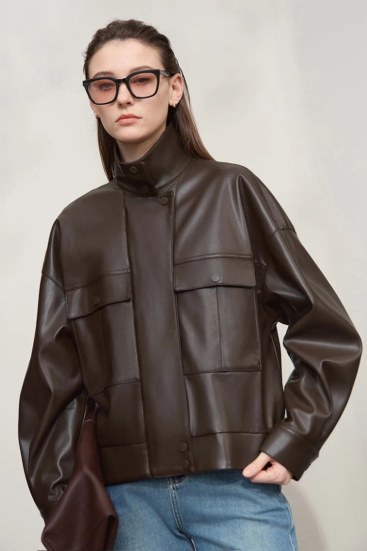 Amii Coat for Woman 2025 Autumn New Retro Modern Lapel Leather Jacket Women's Loose Long Sleeve Women's Leather Jacket 12543111