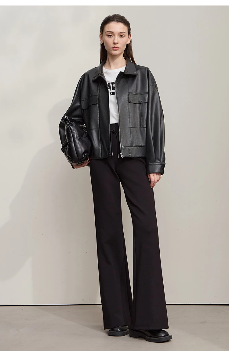 Amii Coat for Woman 2025 Autumn New Retro Modern Lapel Leather Jacket Women's Loose Long Sleeve Women's Leather Jacket 12543111