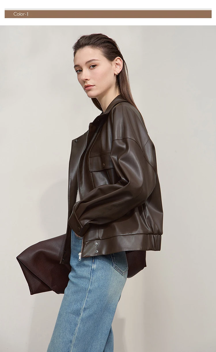 Amii Coat for Woman 2025 Autumn New Retro Modern Lapel Leather Jacket Women's Loose Long Sleeve Women's Leather Jacket 12543111