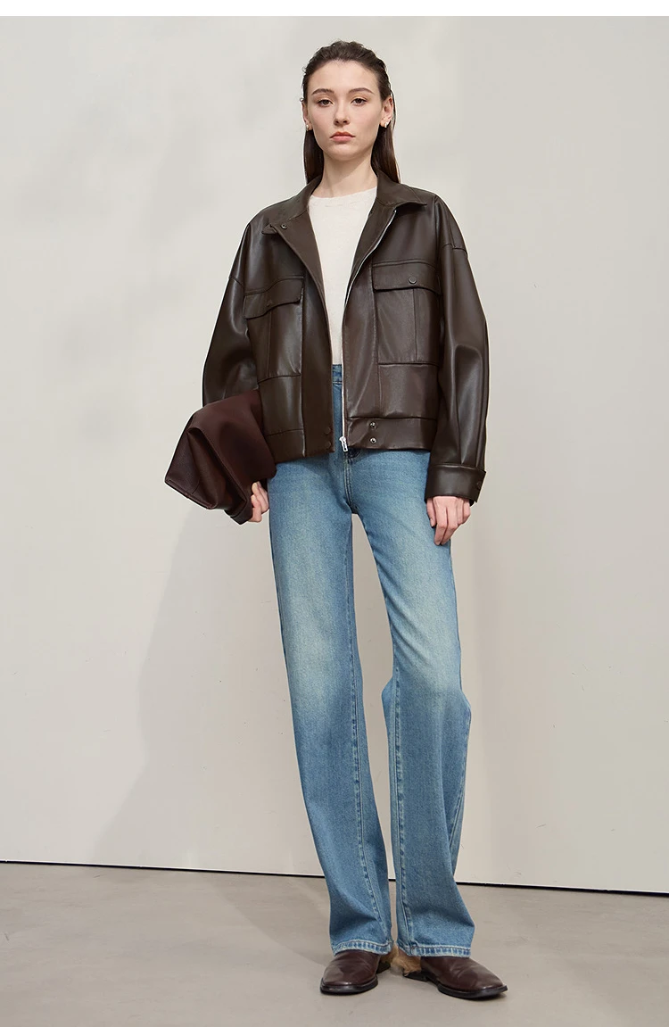 Amii Coat for Woman 2025 Autumn New Retro Modern Lapel Leather Jacket Women's Loose Long Sleeve Women's Leather Jacket 12543111