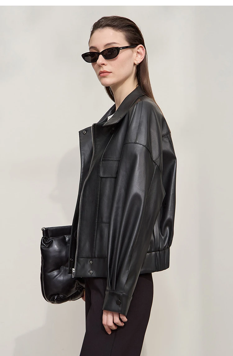 Amii Coat for Woman 2025 Autumn New Retro Modern Lapel Leather Jacket Women's Loose Long Sleeve Women's Leather Jacket 12543111