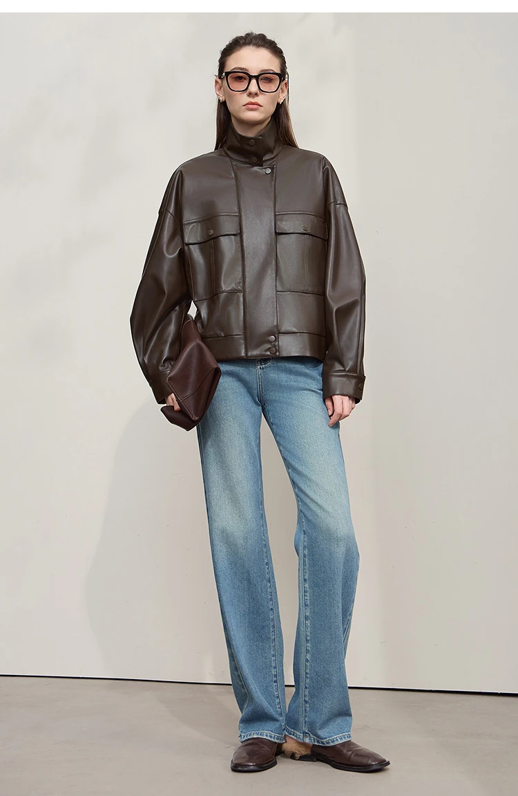 Amii Coat for Woman 2025 Autumn New Retro Modern Lapel Leather Jacket Women's Loose Long Sleeve Women's Leather Jacket 12543111