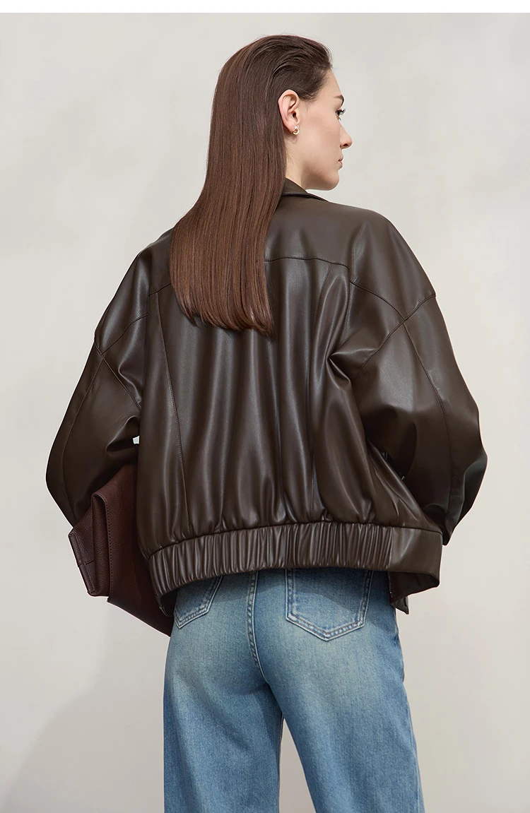 Amii Coat for Woman 2025 Autumn New Retro Modern Lapel Leather Jacket Women's Loose Long Sleeve Women's Leather Jacket 12543111