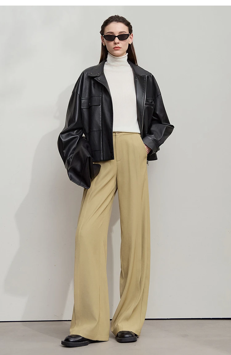 Amii Coat for Woman 2025 Autumn New Retro Modern Lapel Leather Jacket Women's Loose Long Sleeve Women's Leather Jacket 12543111