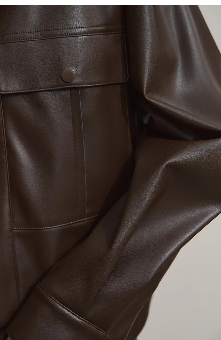 Amii Coat for Woman 2025 Autumn New Retro Modern Lapel Leather Jacket Women's Loose Long Sleeve Women's Leather Jacket 12543111