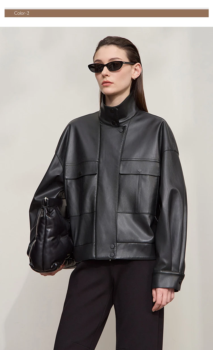 Amii Coat for Woman 2025 Autumn New Retro Modern Lapel Leather Jacket Women's Loose Long Sleeve Women's Leather Jacket 12543111
